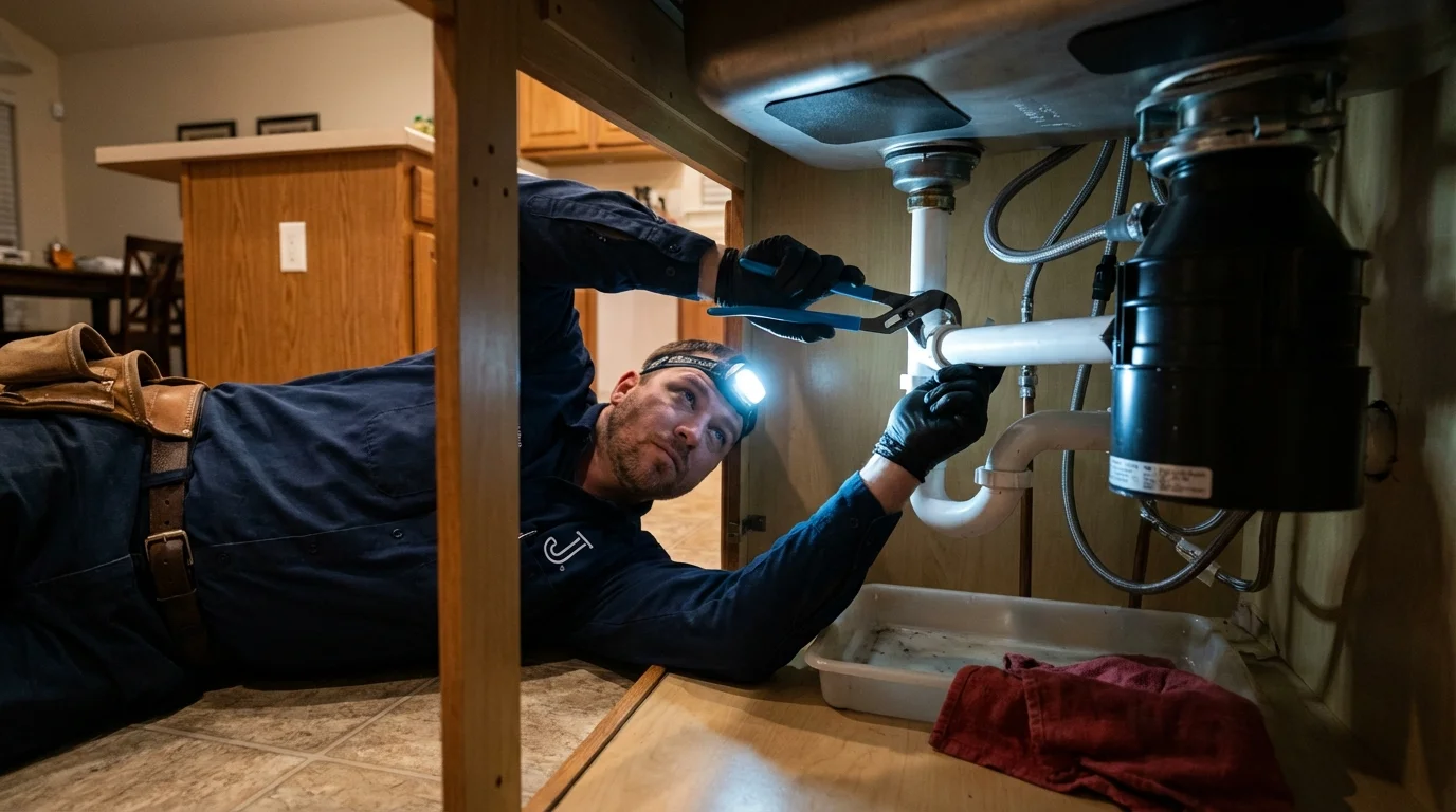 P-trap and supply line connections under a kitchen sink showing a common leak point in Coolidge, AZ